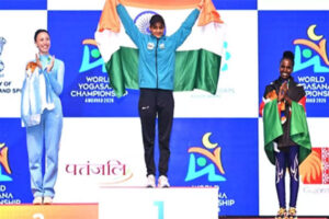 India athletes celebrating gold medals at World Yogasana Championships 2026 while yoga awareness grows in Tripura ahead of International Yoga Day