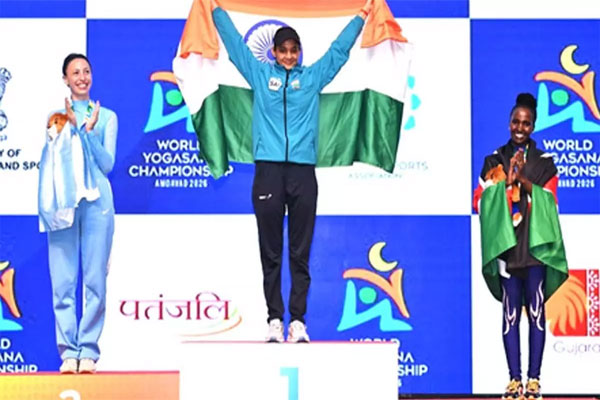 India athletes celebrating gold medals at World Yogasana Championships 2026 while yoga awareness grows in Tripura ahead of International Yoga Day