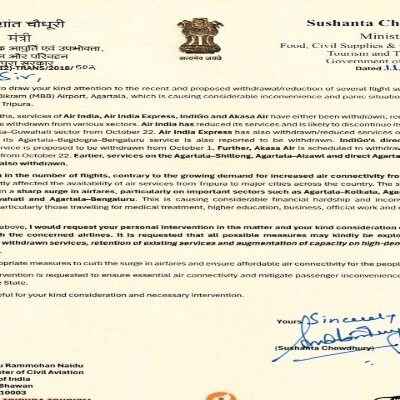 Tripura Minister Seeks Centre’s Intervention Over Reduced Flights From Agartala