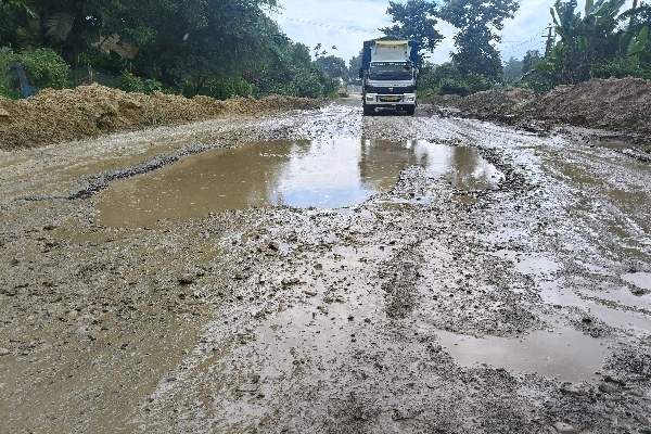 Poor condition of Assam-Agartala National Highway near Churaibari