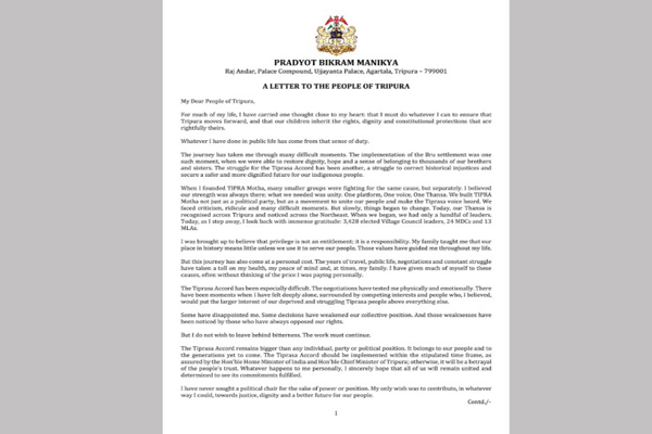 Pradyot Kishore quits active politics. Letter pg 1