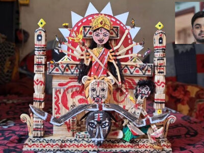 Agartala Art Teacher Creates Miniature Durga Idol from Matchsticks