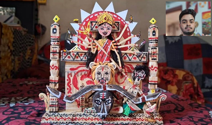 Miniature Durga idol made from matchsticks by Agartala artist
